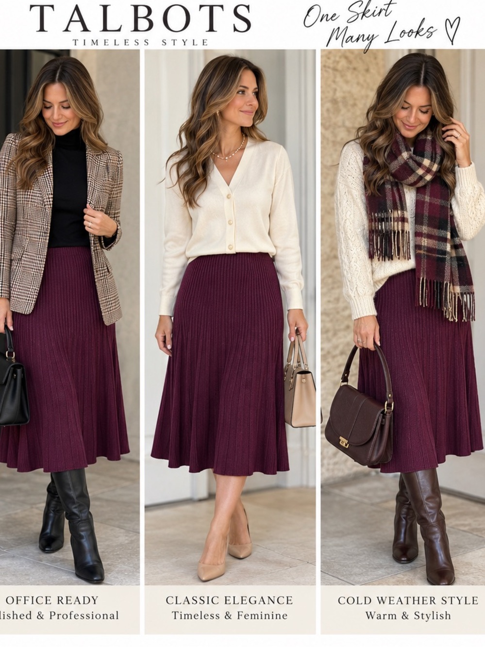 Talbots XL 100% Merino Wool Ribbed Midi Skirt Plum Burgundy NWT